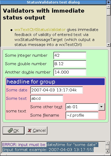 StatusValidators test dialog with a status window at the bottom of the dialog.